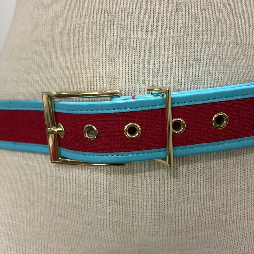 Talbots sz XL red and turquoise leather and linen blend belt with gold buckle